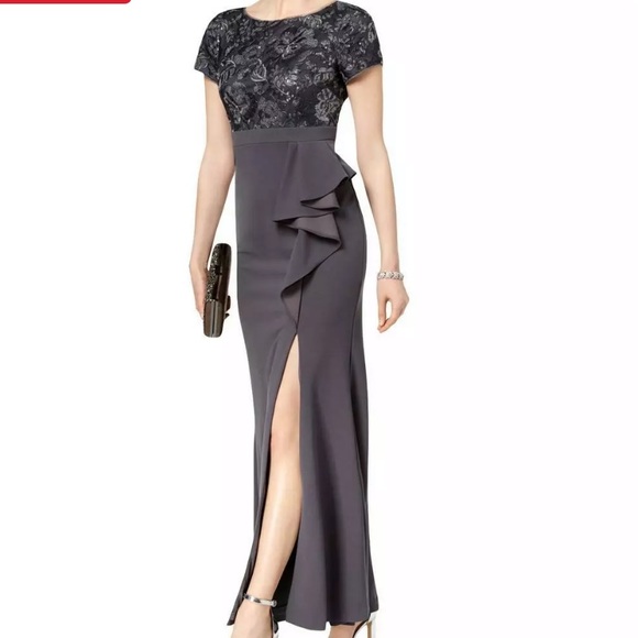 Robe Longue Adrianna Papell Pour Femme, Gris, Taille 36 – Soirée, Cérémonie, Manches Courtes, Perles Et Paillettes
